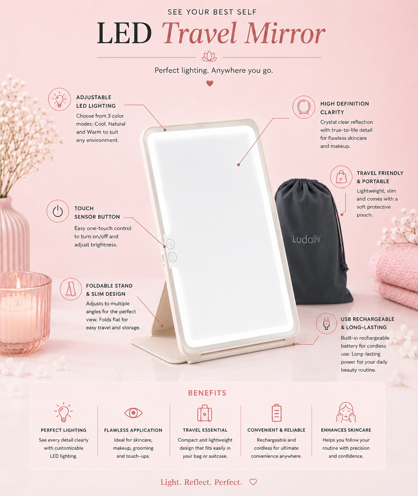 Honesta LED travel mirror